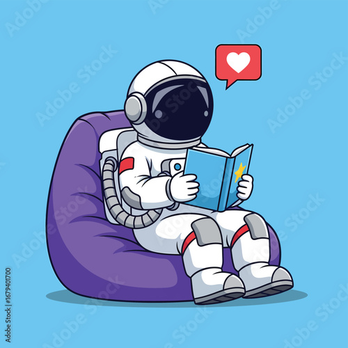Astronaut relaxing in beanbag chair, reading book with heart notification above