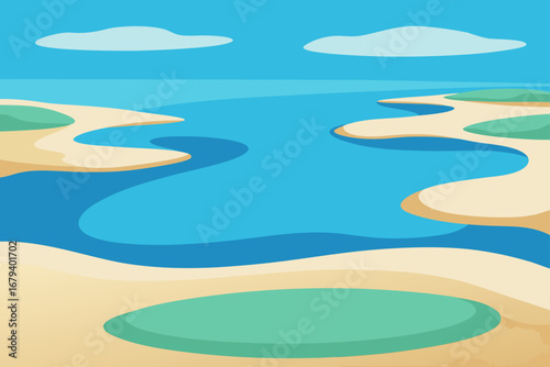 Stylized abstract landscape of a calm blue ocean meeting sandy shores with green grassy patches under a clear blue sky with fluffy clouds