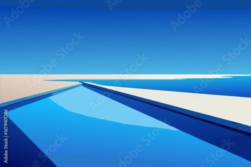 Abstract geometric landscape with a bright blue sky and a shimmering blue swimming pool leading towards the horizon