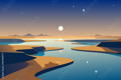 Stylized minimalist landscape with winding river desert mountains and a bright moon in a twilight sky