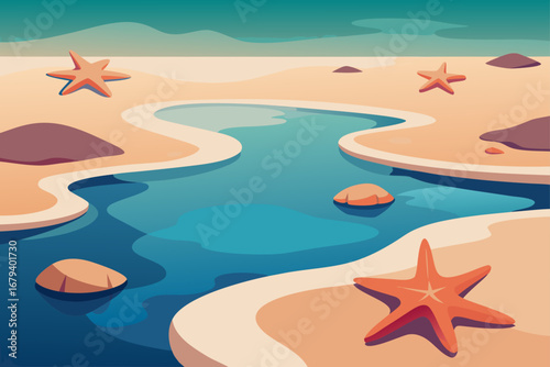 Stylized beach scene with a winding blue water channel sandy shores and orange starfish under a teal sky