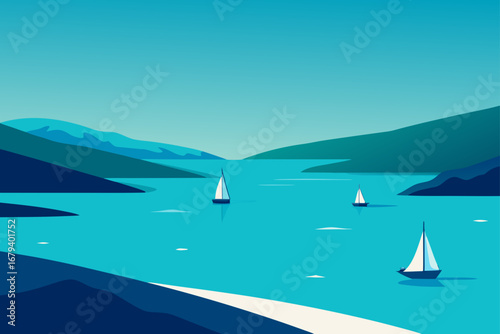 Sailboats glide across a tranquil blue bay surrounded by majestic green mountains under a clear sky