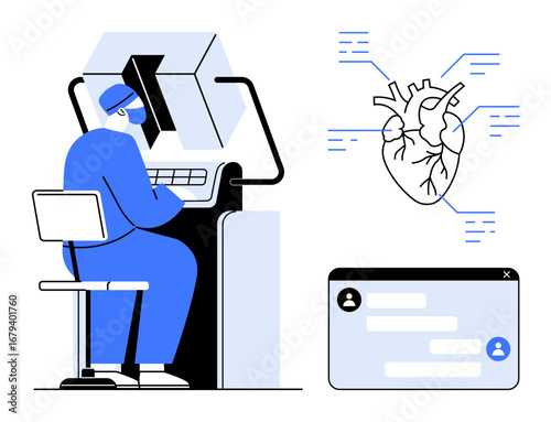 Surgeon controls a robotic system, detailed heart diagram with annotations, and a chat interface. Ideal for healthcare, technology, telemedicine, surgery, AI, cardiology simple landing page