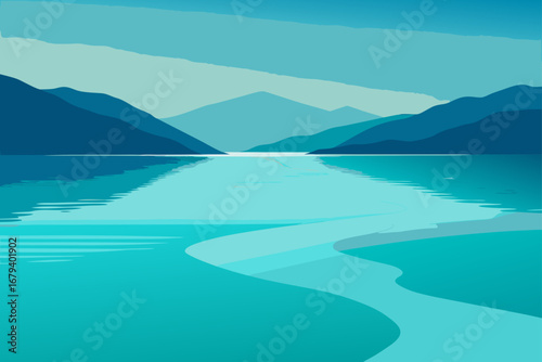 Serene abstract landscape with calm turquoise water reflecting distant blue mountains under a pale sky