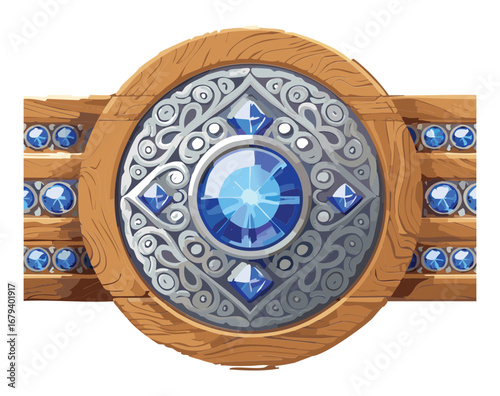 Ornate shield with a blue crystal, a high-value defensive item for a magical adventure Game