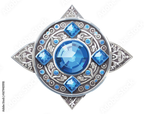 Ornate shield with a blue crystal, a protective equipment asset for a fantasy fighting Game