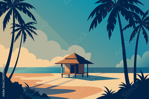 Serene tropical beach scene with a stilted bungalow and silhouetted palm trees under a clear blue sky