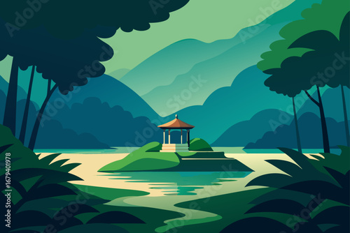Serene landscape with gazebo on island surrounded by water and lush greenery