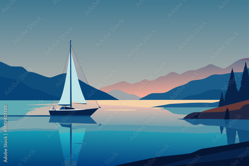 Naklejka premium Serene sailboat glides across a calm lake reflecting mountains and a colorful sunset sky
