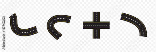 Wavy road with winding curves and horizontal path. Top view of race track and highway. Flat vector illustration isolated on white background.