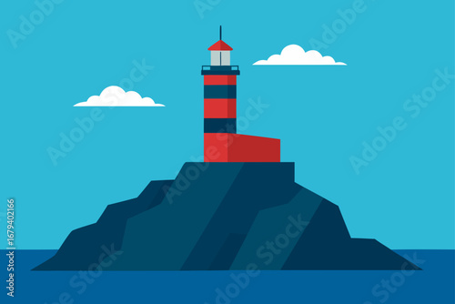 A flat design illustration of a red and blue striped lighthouse standing tall on a dark blue rocky island in the middle of the ocean with a bright blue sky and white clouds