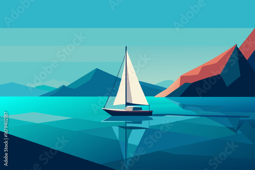 Serene sailboat glides across calm turquoise water with majestic geometric mountains in the background