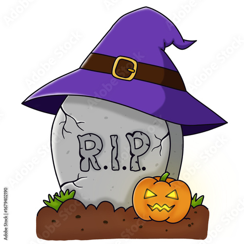 Cute Halloween tombstone with witch hat and pumpkin cartoon.