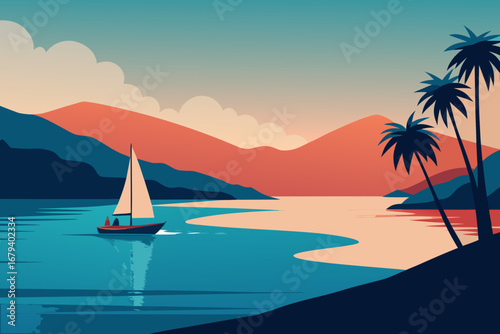 Serene tropical landscape with a sailboat on calm blue water and palm trees against a colorful sunset sky
