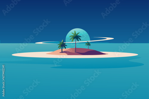 Serene tropical island with palm trees and a glowing planet in a calm blue ocean at twilight
