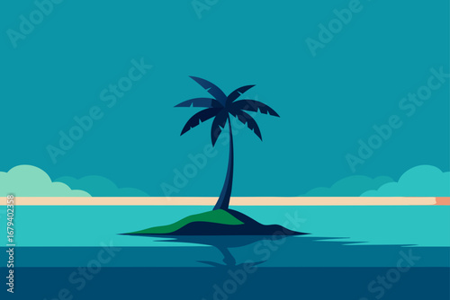 A solitary palm tree stands on a small island in a calm ocean under a twilight sky with soft clouds and a distant horizon line
