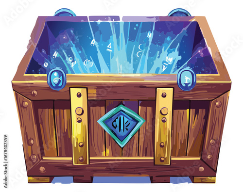Open treasure chest with a glowing keyhole and light beams, a special loot box for a fantasy Game