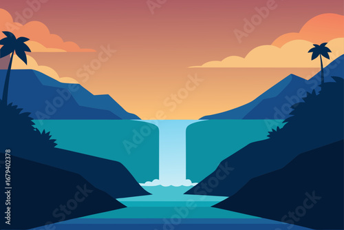 Serene tropical waterfall cascading into turquoise water at sunset with palm trees and mountains