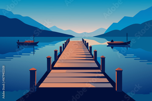 Serene lake with a wooden pier and boats at dawn with distant mountains and calm water