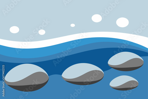 Abstract illustration of smooth rounded stones submerged in blue water with stylized waves and floating bubbles in a light blue sky