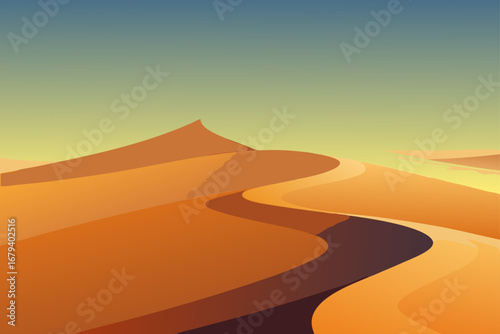 Stylized illustration of rolling sand dunes under a gradient sky evoking a sense of vastness and tranquility in a desert landscape
