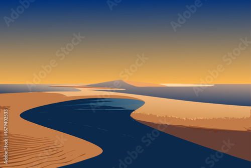 A winding river flows through vast sand dunes under a gradient sky of orange and blue