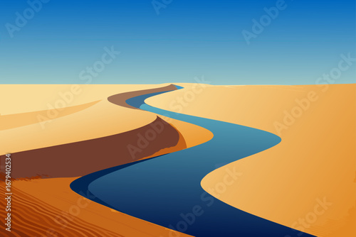 A winding blue river flows through vast golden sand dunes under a clear blue sky