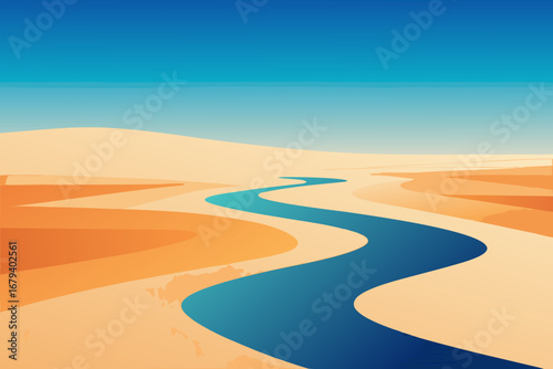 A winding blue river flows through a vast desert landscape with rolling sand dunes under a clear blue sky