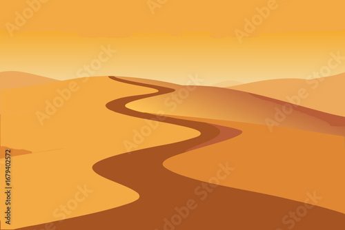A winding path curves over golden sand dunes under a hazy orange sky in a minimalist desert landscape