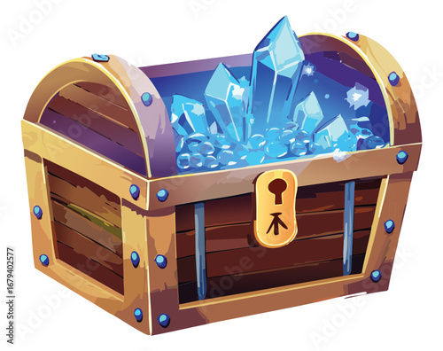 Treasure chest with a key and blue crystals, a valuable objective for a puzzle or adventure Game
