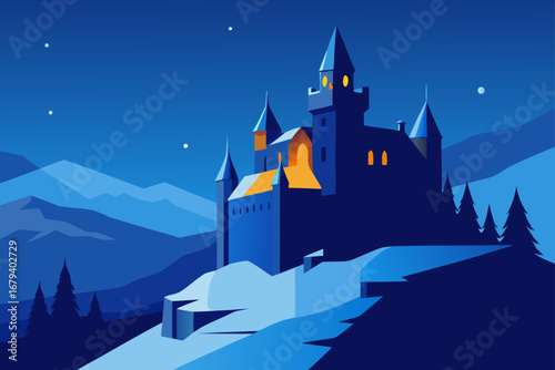 A majestic blue castle stands on a snowy hill under a starry night sky with distant mountains and pine trees