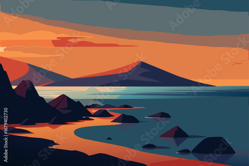 Stylized landscape featuring a serene lake with mountains and a vibrant sunset sky over a rocky shoreline