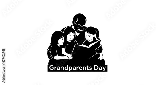 Vector art of grandparents day illustration with grandfather reading to grandchildren