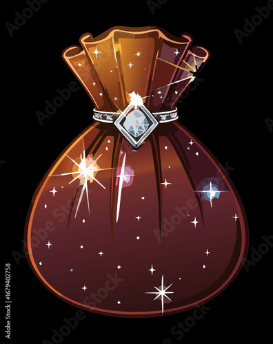 Dark loot bag with a shiny crystal, a mysterious loot item for a fantasy adventure or a horror Game