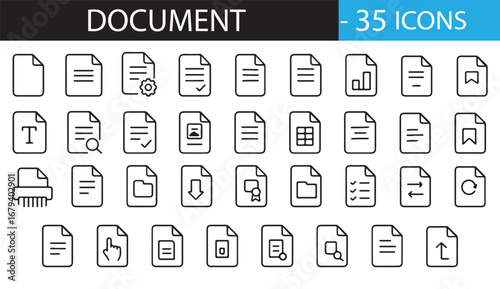 Minimalist Document Icon Set – 30 Line Art Symbols for Files, Reports, Uploads, Downloads, Analytics, ID Cards, Attachments, and Settings – Scalable Vector Pack for Commercial Use