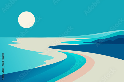 Abstract minimalist beach landscape with a serene sun over the ocean and rolling hills