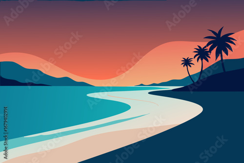 Serene tropical beach at sunset with palm trees and calm ocean waves creating a peaceful coastal landscape