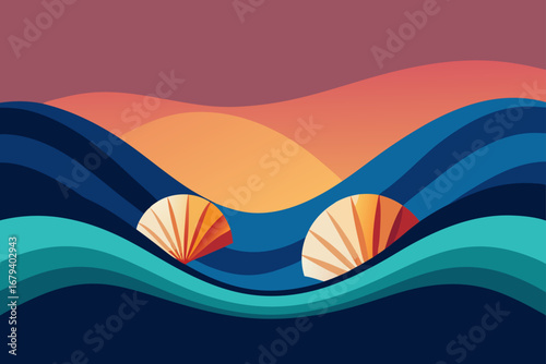 Stylized abstract ocean waves with two seashells against a gradient sunset sky in warm colors