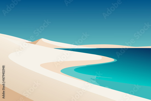 Minimalist illustration of a serene beach with calm turquoise water and soft sand dunes under a clear blue sky
