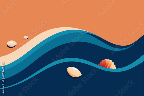 Abstract minimalist illustration of wavy ocean water with seashells and pebbles on a sandy beach background