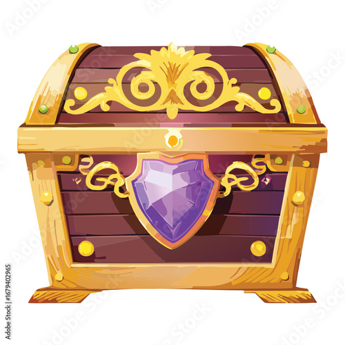 Ornate treasure chest with a purple crystal, a rare loot box for a magical quest and fantasy adventure Game