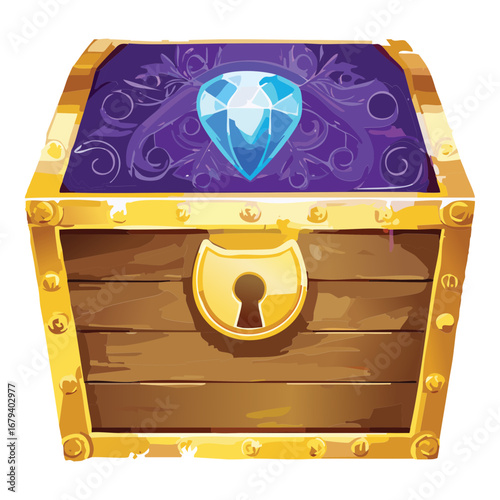 Wooden treasure chest with a big gem, a valuable prize container for a fantasy adventure Game UI
