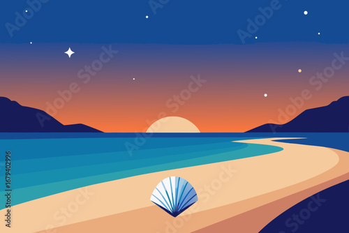 Serene beach at sunset with a single seashell on the sand under a starry sky