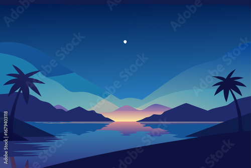 Serene tropical beach landscape at dusk with palm trees and colorful sky reflecting on calm water