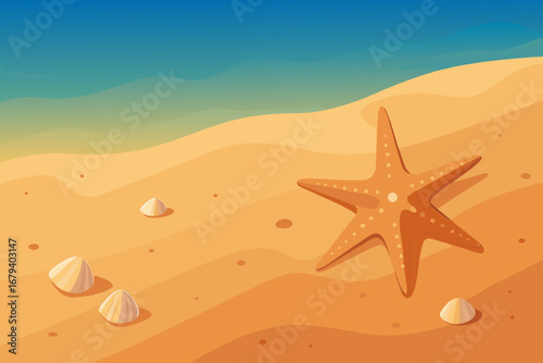 A vibrant cartoon illustration of a sandy beach with gentle waves and a starfish and seashells scattered on the shore