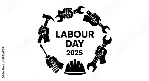 Vector art of labour day 2025 with tools and hard hat