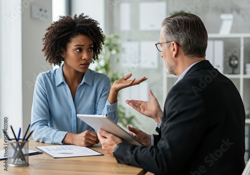 Businesswoman arguing with businessman during a difficult meeting in the office