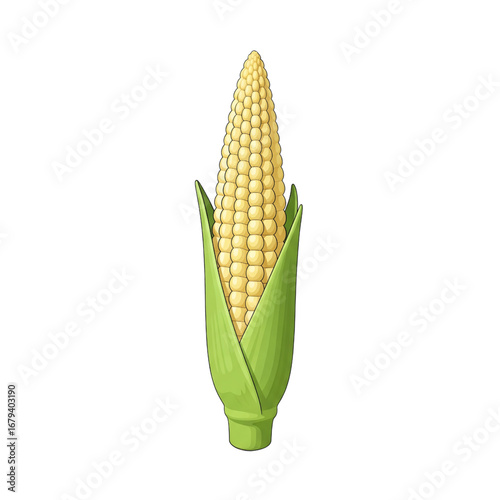 Vector illustration of a sweet corn on the cob with husks pulled back, isolated on a white background. A healthy, farm-fresh vegetable concept for design