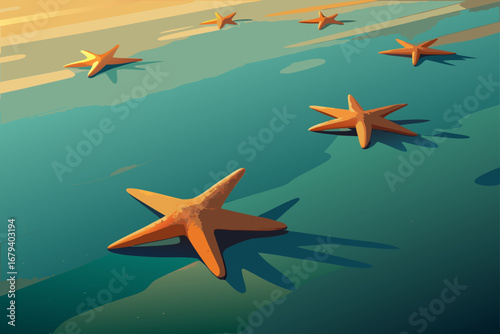 Several orange starfish scattered across a shallow turquoise ocean with a sandy beach in the background under warm sunlight