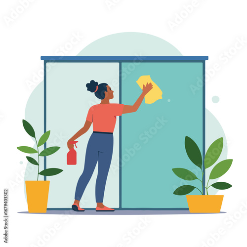 Young woman cleaning the window with a rag and spray bottle at home